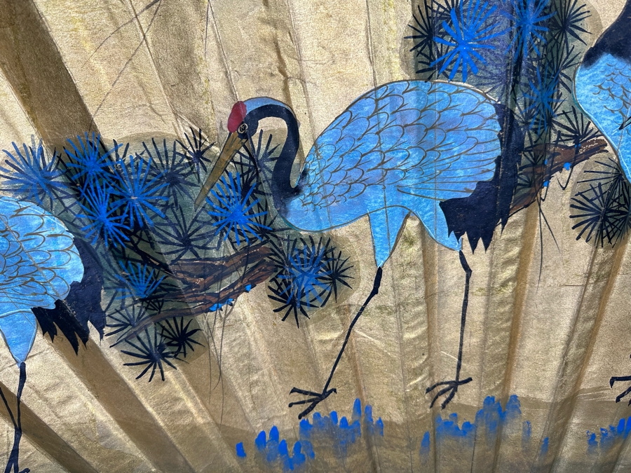 Vintage Signed Chinese Hand Painted Fan With Red-crowned Cranes 70W X 40H [Photo 3]