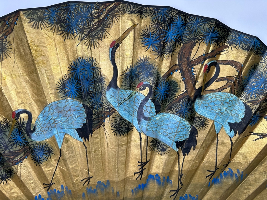 Vintage Signed Chinese Hand Painted Fan With Red-crowned Cranes 70W X 40H [Photo 4]