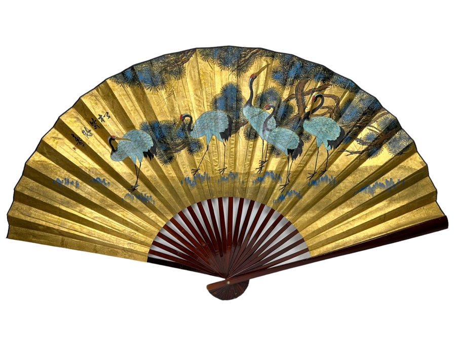 Vintage Signed Chinese Hand Painted Fan With Red-crowned Cranes 70w X 40h