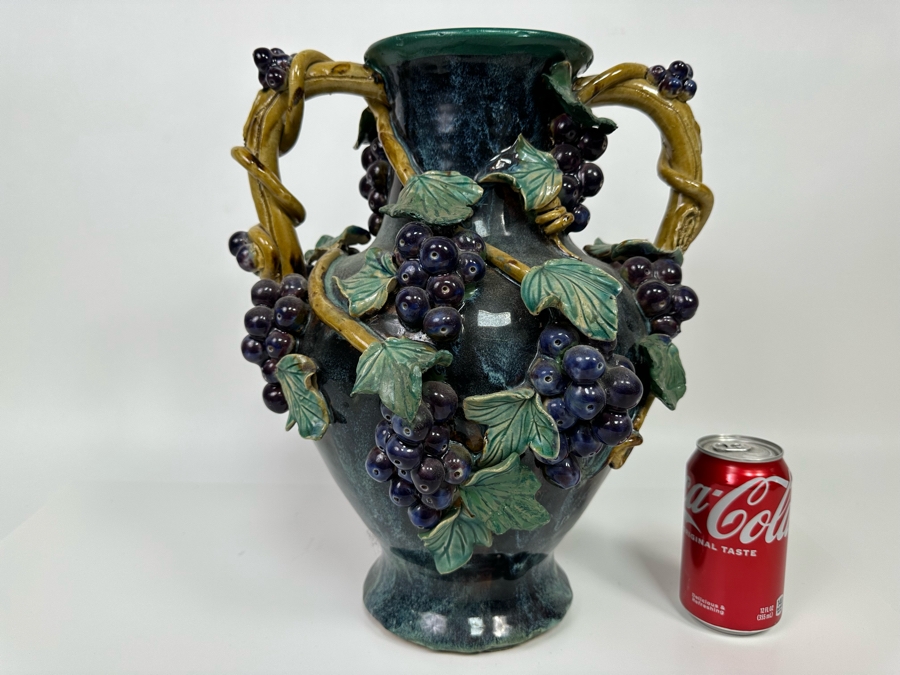 Impressive Vintage Majolica Vase Urn With Relief Grapes And And Leaves 13W X 15H [Photo 2]