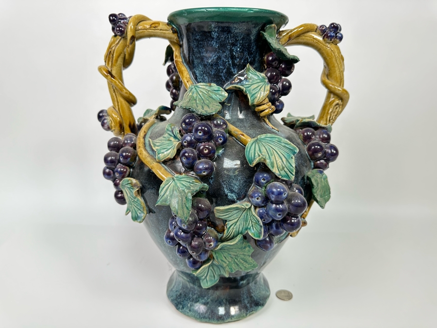 Impressive Vintage Majolica Vase Urn With Relief Grapes And And Leaves 13W X 15H [Photo 6]
