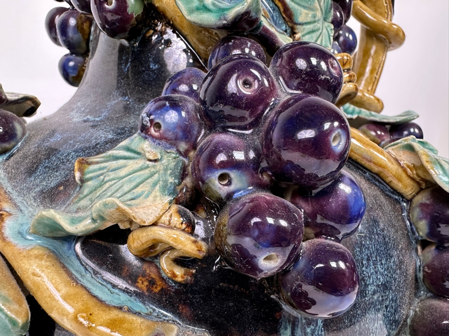 Impressive Vintage Majolica Vase Urn With Relief Grapes And And Leaves 13W X 15H [Photo 12]