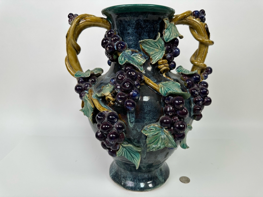 Impressive Vintage Majolica Vase Urn With Relief Grapes And And Leaves 13W X 15H [Photo 10]