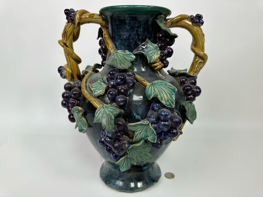 Impressive Vintage Majolica Vase Urn With Relief Grapes And And Leaves 13W X 15H [Photo 5]