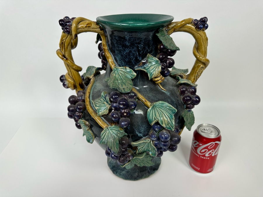 Impressive Vintage Majolica Vase Urn With Relief Grapes And And Leaves 13W X 15H [Photo 4]