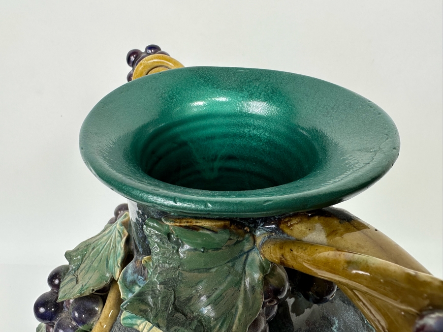 Impressive Vintage Majolica Vase Urn With Relief Grapes And And Leaves 13W X 15H [Photo 9]