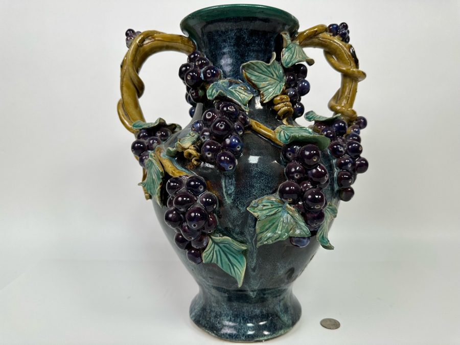 Impressive Vintage Majolica Vase Urn With Relief Grapes And And Leaves 13W X 15H [Photo 11]
