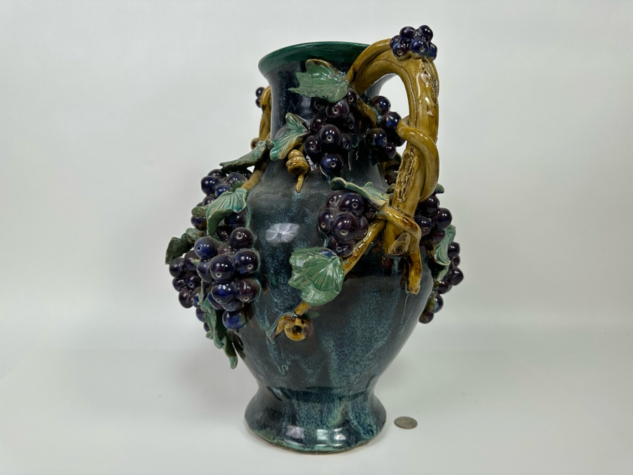 Impressive Vintage Majolica Vase Urn With Relief Grapes And And Leaves 13W X 15H [Photo 8]