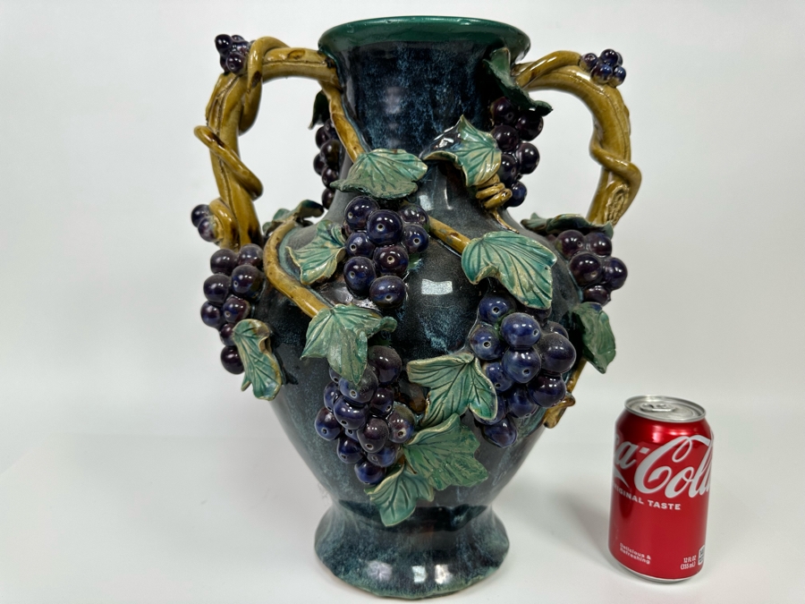 Impressive Vintage Majolica Vase Urn With Relief Grapes And And Leaves 13W X 15H [Photo 3]
