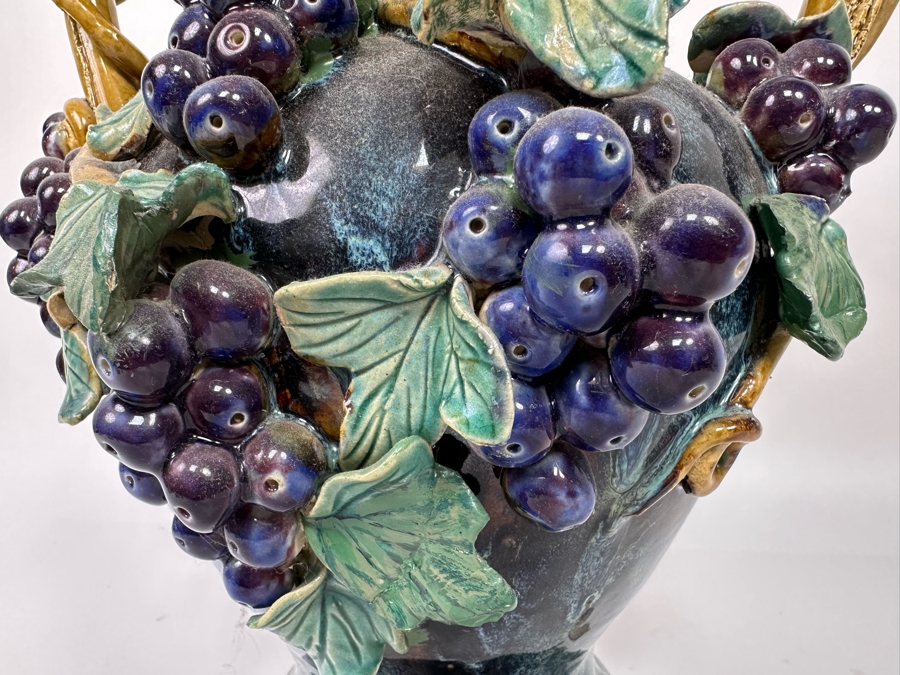 Impressive Vintage Majolica Vase Urn With Relief Grapes And And Leaves 13W X 15H [Photo 7]
