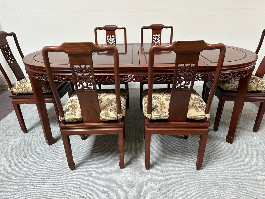 Vintage Chinese Rosewood Dining Table 44W X 80L (With Two Leaves Attached 18'L Each) And Six Chairs [Photo 8]