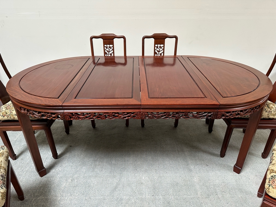 Vintage Chinese Rosewood Dining Table 44W X 80L (With Two Leaves Attached 18'L Each) And Six Chairs [Photo 10]