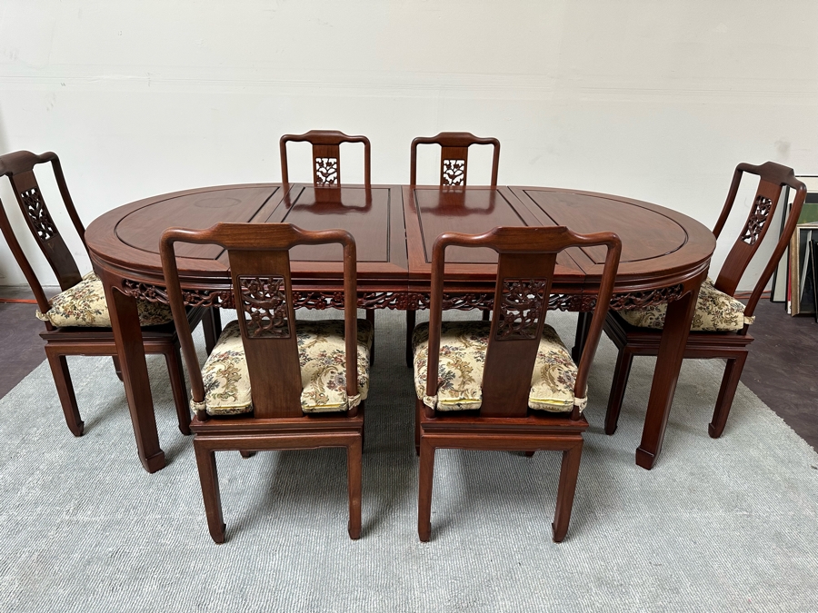 Vintage Chinese Rosewood Dining Table 44W X 80L (With Two Leaves Attached 18'L Each) And Six Chairs [Photo 4]