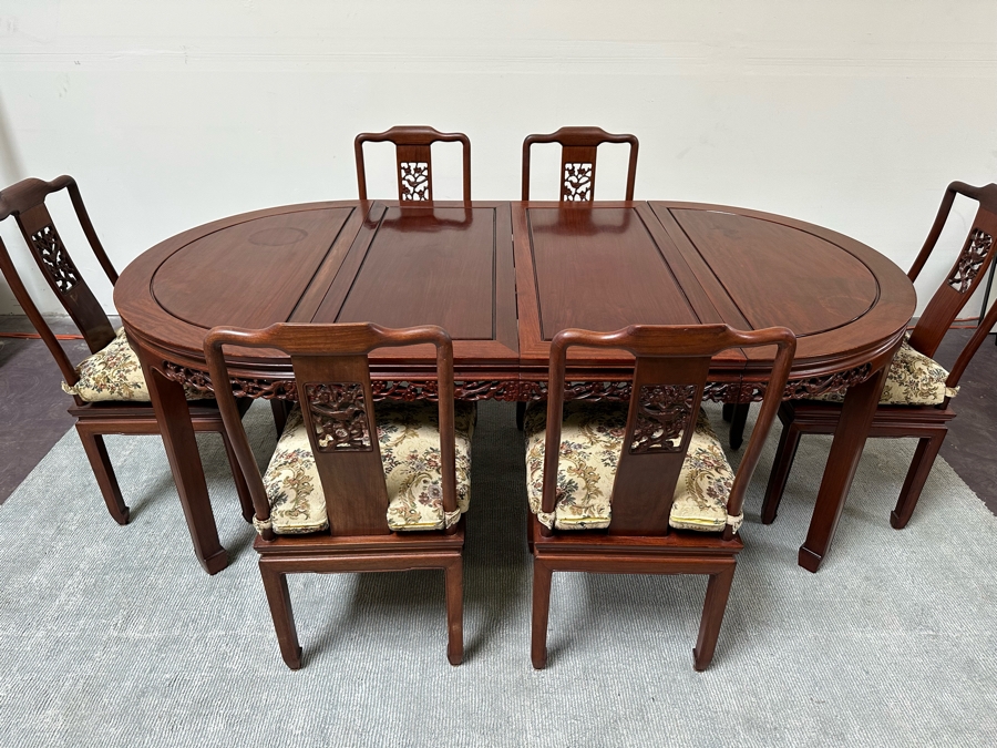 Vintage Chinese Rosewood Dining Table 44W X 80L (With Two Leaves Attached 18'L Each) And Six Chairs [Photo 7]