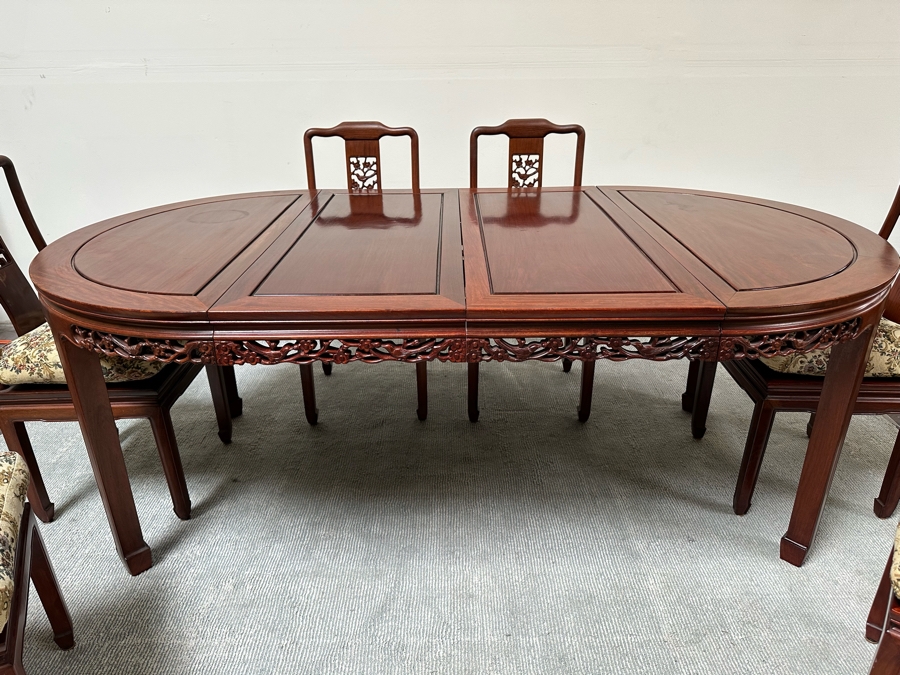 Vintage Chinese Rosewood Dining Table 44W X 80L (With Two Leaves Attached 18'L Each) And Six Chairs [Photo 9]