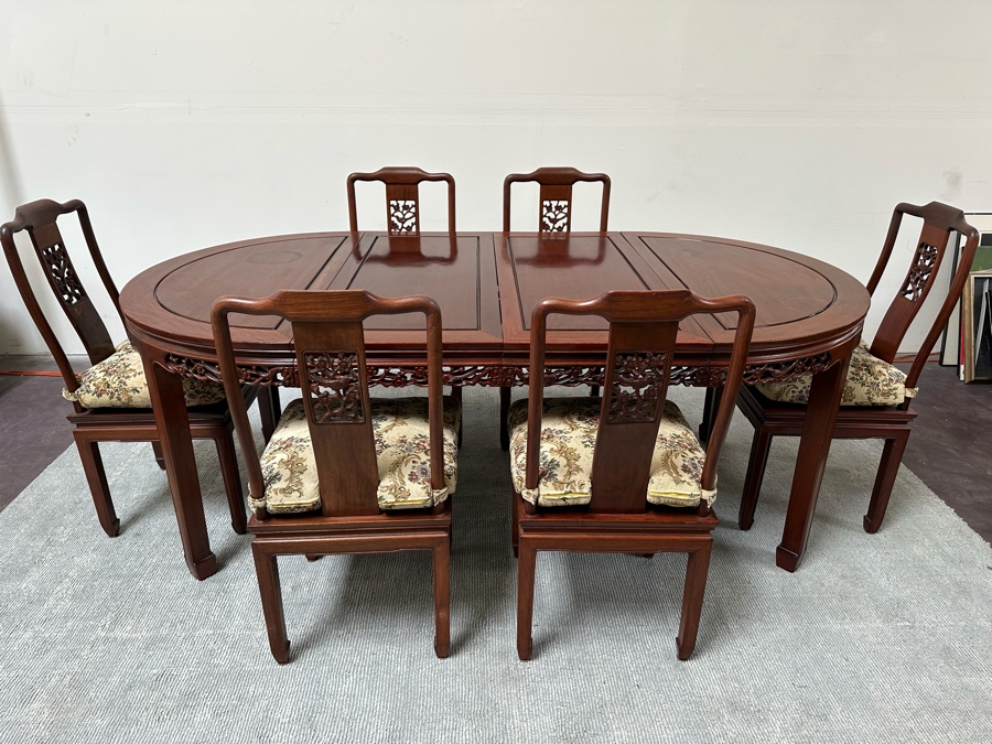 Vintage Chinese Rosewood Dining Table 44W X 80L (With Two Leaves Attached 18'L Each) And Six Chairs [Photo 5]