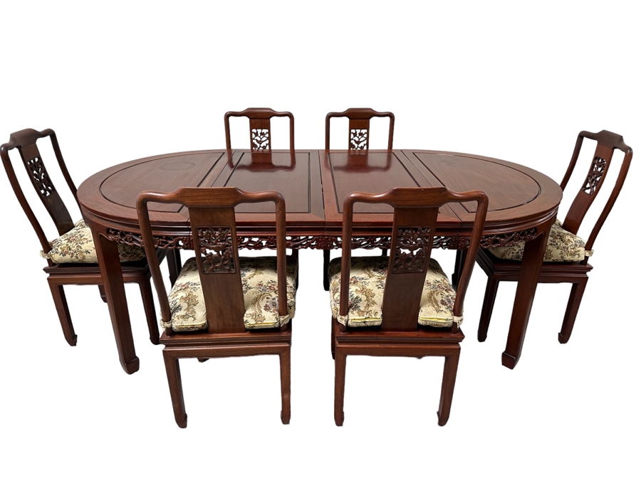 Vintage Chinese Rosewood Dining Table 44W X 80L (With Two Leaves Attached 18'L Each) And Six Chairs [Photo 1]