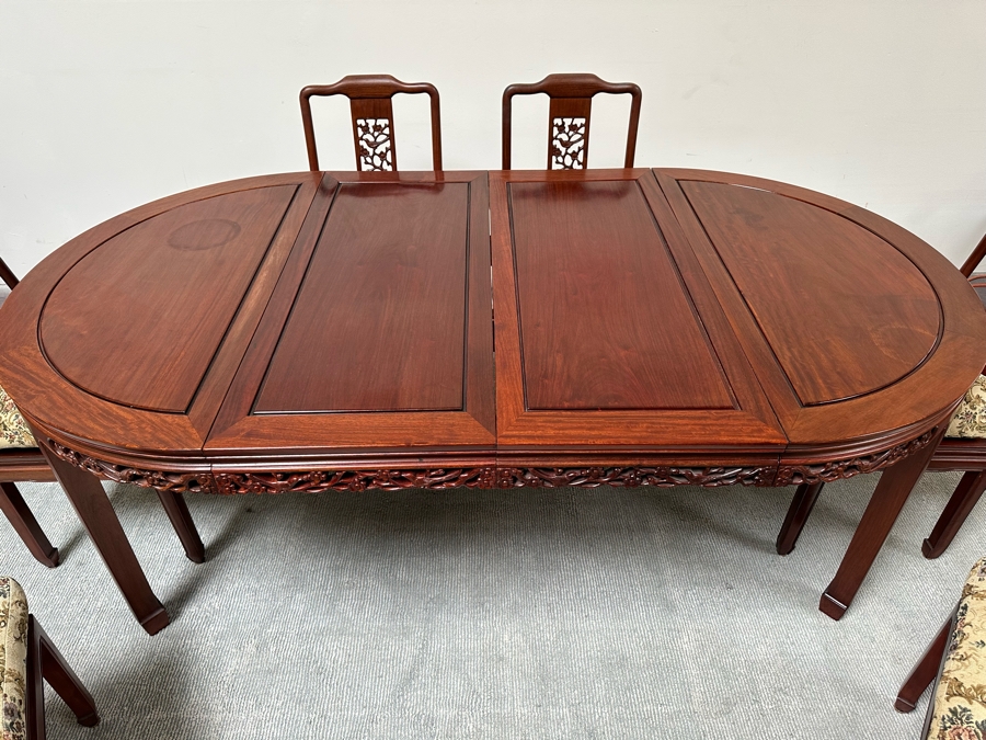 Vintage Chinese Rosewood Dining Table 44W X 80L (With Two Leaves Attached 18'L Each) And Six Chairs [Photo 3]