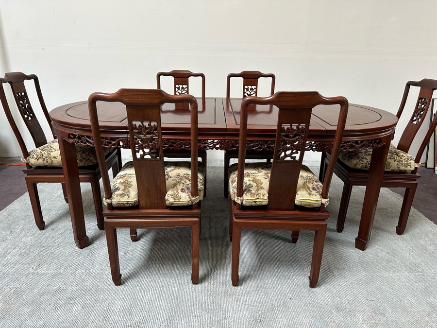 Vintage Chinese Rosewood Dining Table 44W X 80L (With Two Leaves Attached 18'L Each) And Six Chairs [Photo 6]