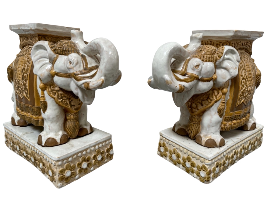 Pair Of Vintage White & Gold Elephant Garden Seats Plant Stands 15.5W X 8D X 17H [Photo 2]