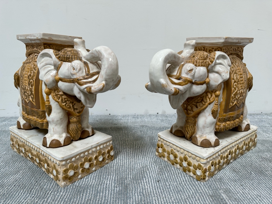 Pair Of Vintage White & Gold Elephant Garden Seats Plant Stands 15.5W X 8D X 17H [Photo 7]
