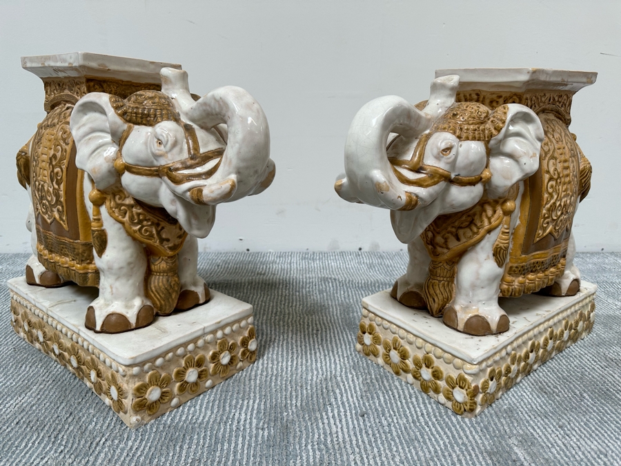 Pair Of Vintage White & Gold Elephant Garden Seats Plant Stands 15.5W X 8D X 17H [Photo 8]