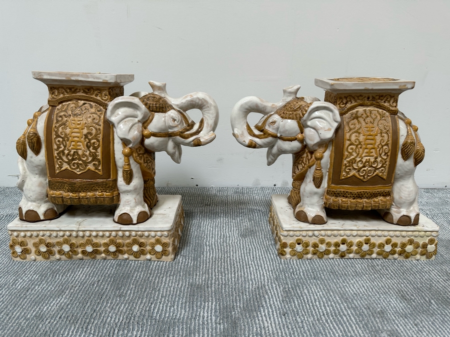 Pair Of Vintage White & Gold Elephant Garden Seats Plant Stands 15.5W X 8D X 17H [Photo 3]