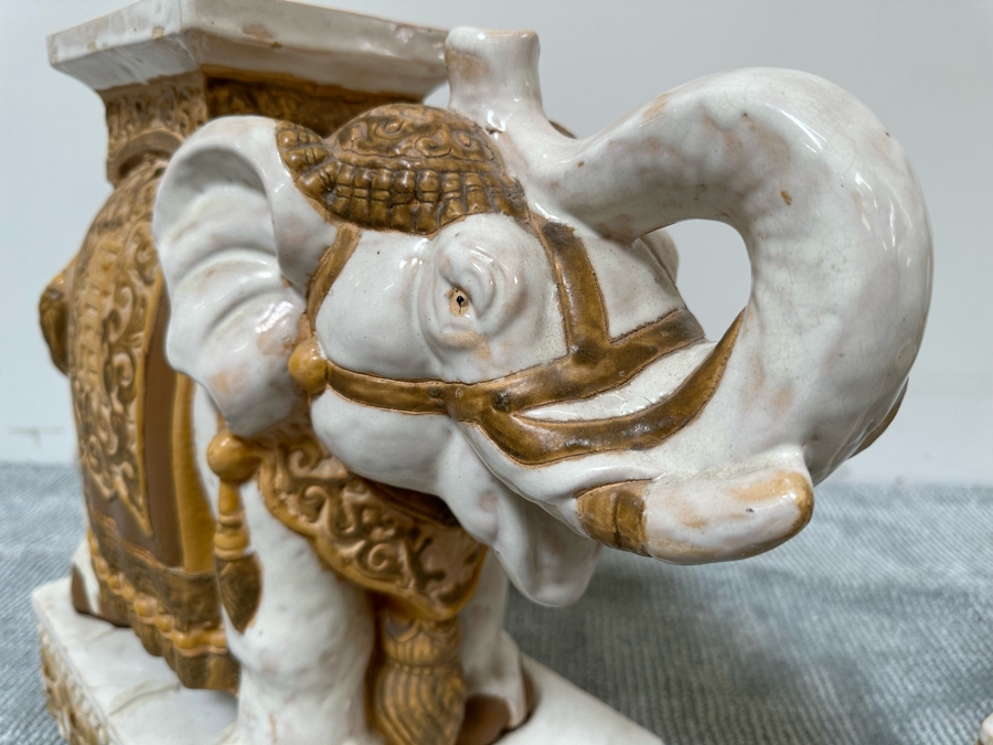 Pair Of Vintage White & Gold Elephant Garden Seats Plant Stands 15.5W X 8D X 17H [Photo 9]
