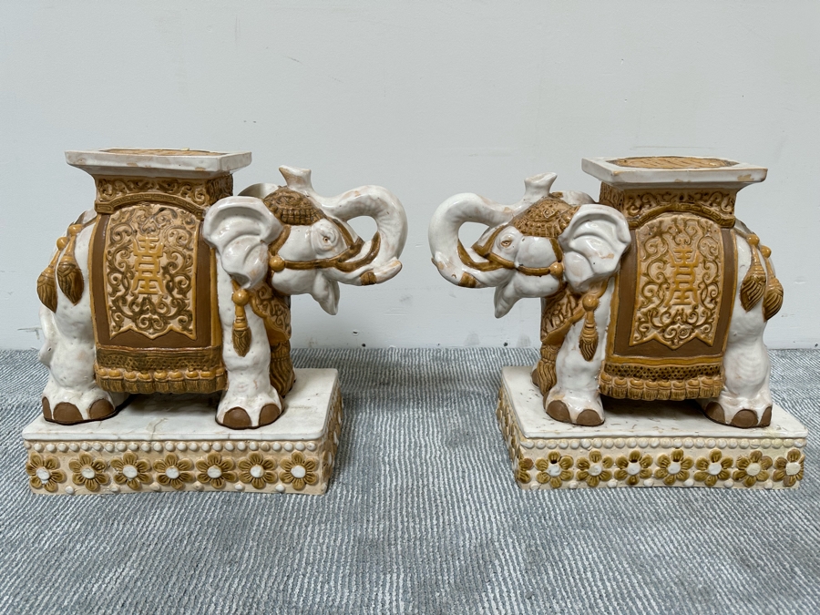 Pair Of Vintage White & Gold Elephant Garden Seats Plant Stands 15.5W X 8D X 17H [Photo 4]
