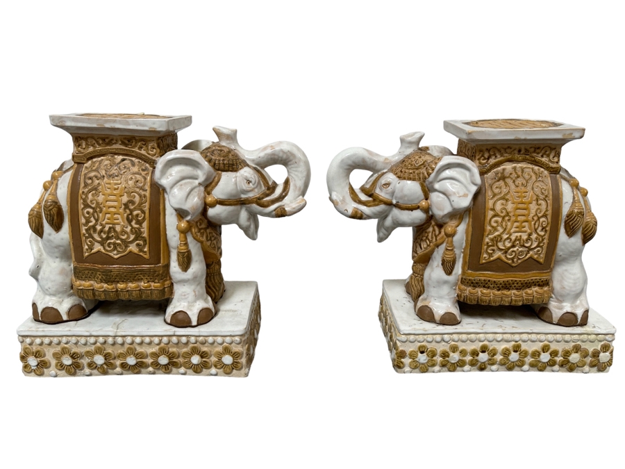 Pair Of Vintage White & Gold Elephant Garden Seats Plant Stands 15.5W X 8D X 17H [Photo 1]