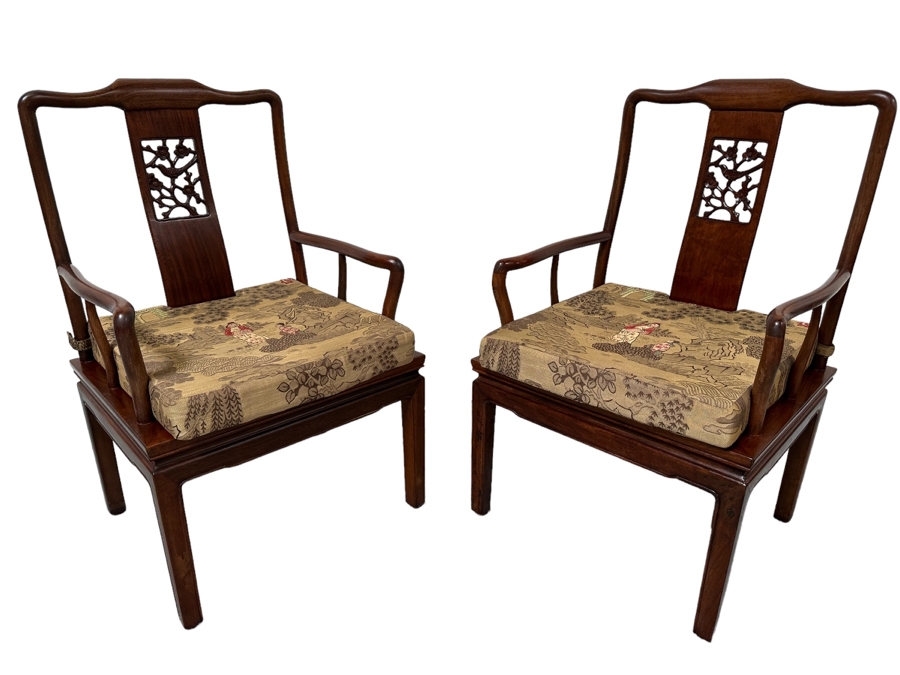Pair Of Vintage Chinese Hardwood Armchairs With Cushions [Photo 1]