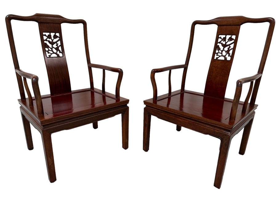 Pair Of Vintage Chinese Hardwood Armchairs With Cushions [Photo 2]