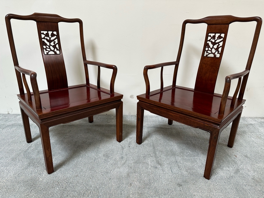 Pair Of Vintage Chinese Hardwood Armchairs With Cushions [Photo 5]
