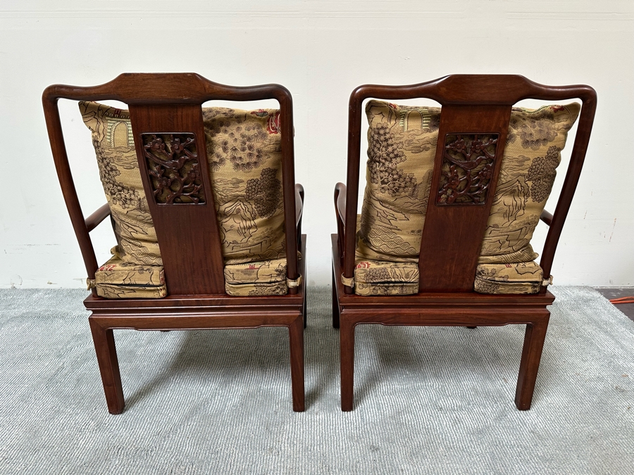 Pair Of Vintage Chinese Hardwood Armchairs With Cushions [Photo 10]