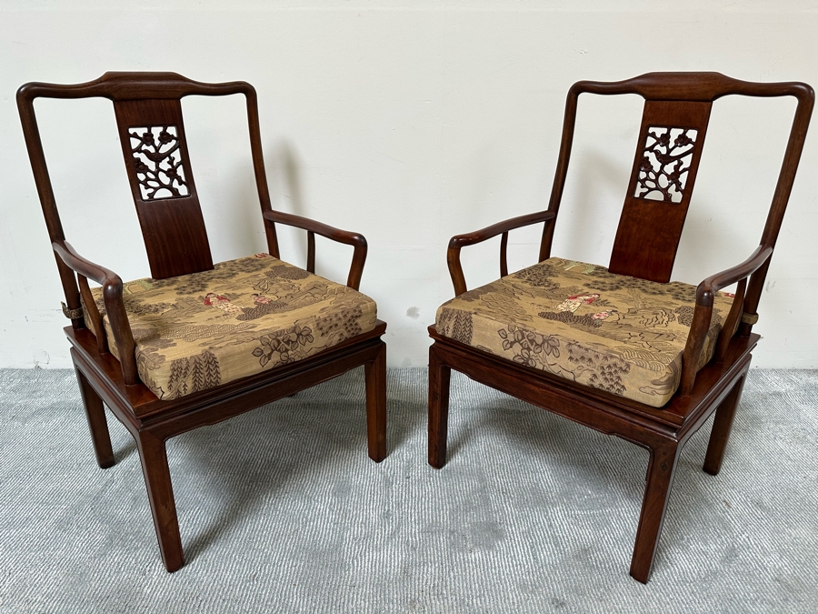Pair Of Vintage Chinese Hardwood Armchairs With Cushions [Photo 6]