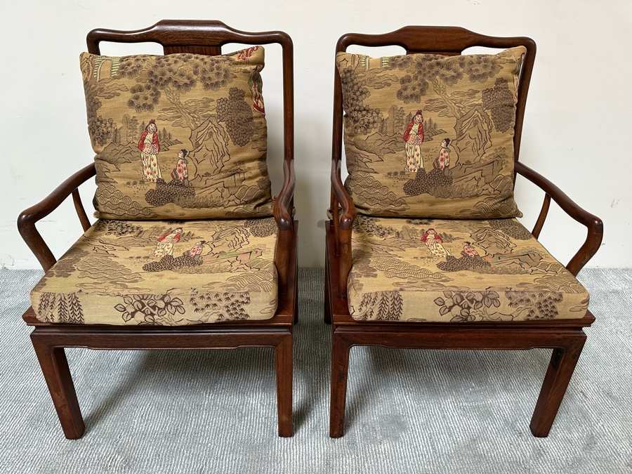 Pair Of Vintage Chinese Hardwood Armchairs With Cushions [Photo 9]