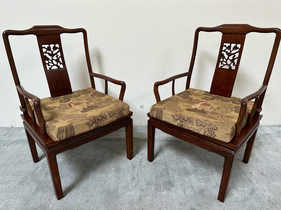 Pair Of Vintage Chinese Hardwood Armchairs With Cushions [Photo 7]