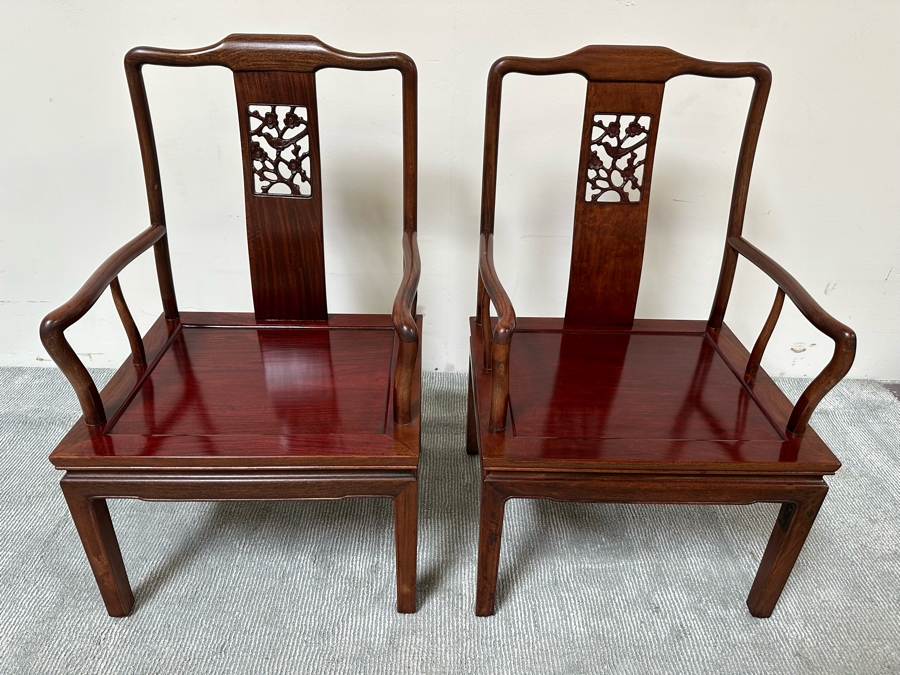 Pair Of Vintage Chinese Hardwood Armchairs With Cushions [Photo 4]