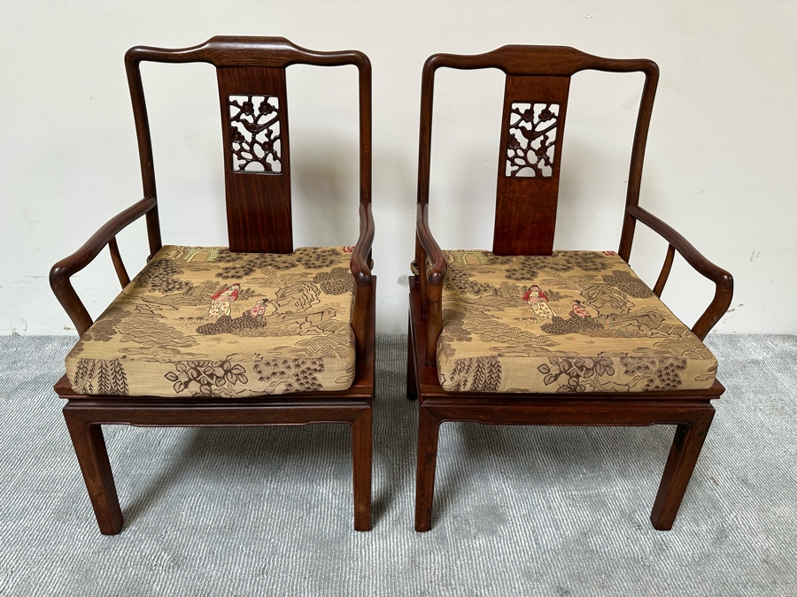 Pair Of Vintage Chinese Hardwood Armchairs With Cushions [Photo 8]