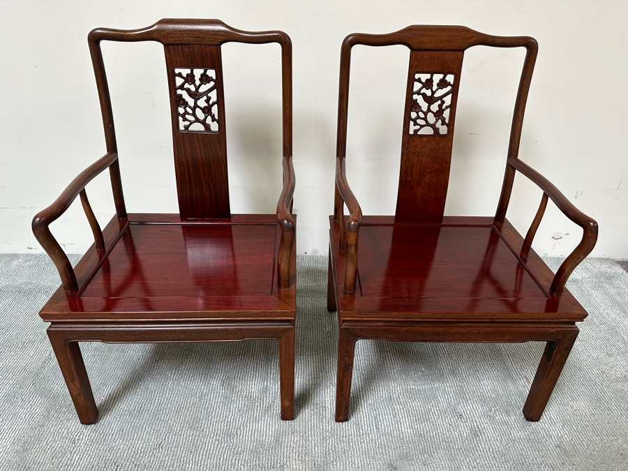 Pair Of Vintage Chinese Hardwood Armchairs With Cushions [Photo 3]