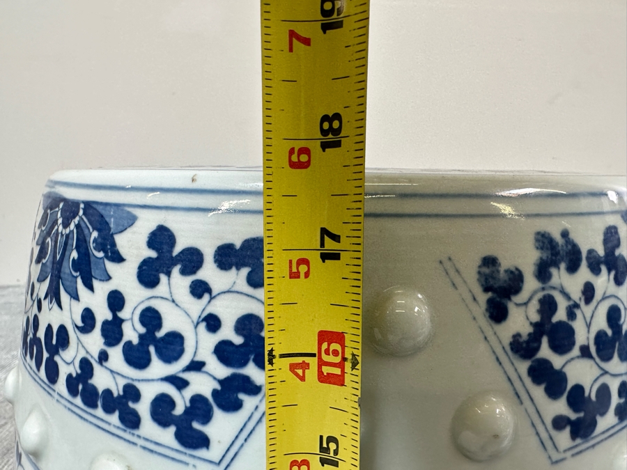 Pair Of Chinese Hand Painted Blue & White Porcelain Garden Stools Seats With Wooden Stands 18H [Photo 21]