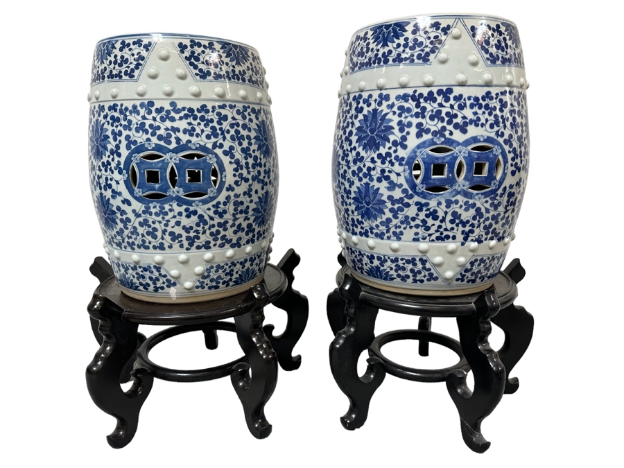 Pair Of Chinese Hand Painted Blue & White Porcelain Garden Stools Seats With Wooden Stands 18H [Photo 1]