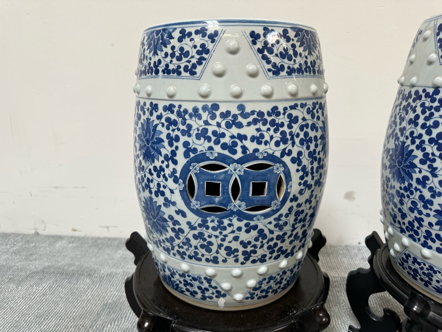 Pair Of Chinese Hand Painted Blue & White Porcelain Garden Stools Seats With Wooden Stands 18H [Photo 6]