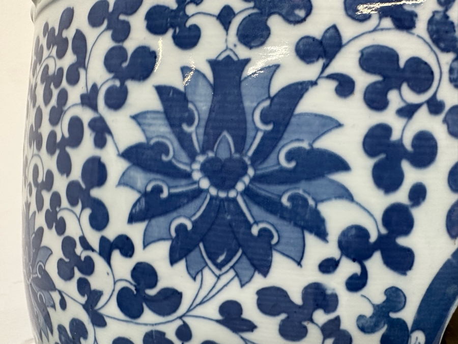 Pair Of Chinese Hand Painted Blue & White Porcelain Garden Stools Seats With Wooden Stands 18H [Photo 8]