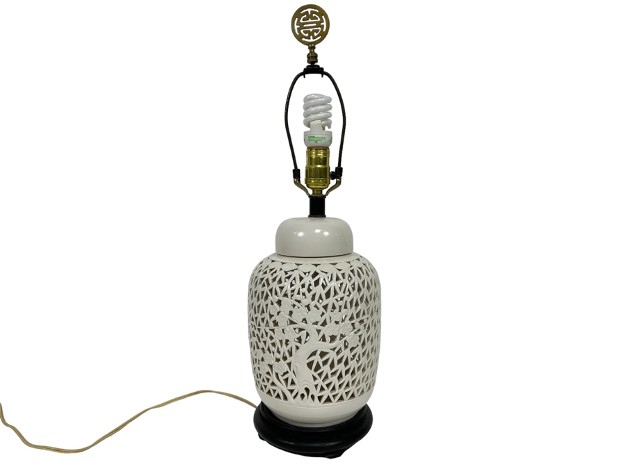 Vintage White Reticulated Porcelain Lamp - No Shade 23H [Photo 1]