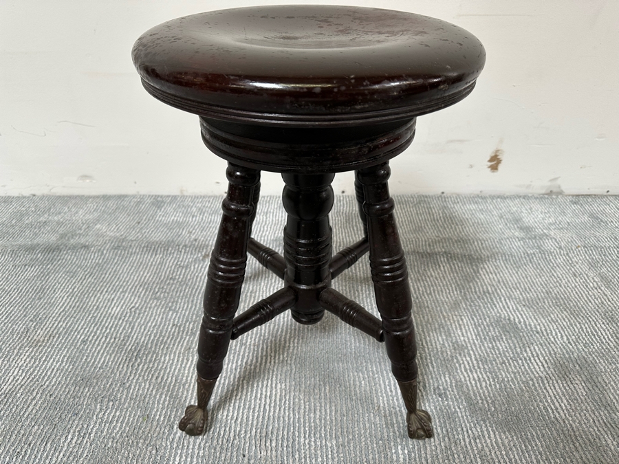 Antique Piano Stool With Glass Ball And Brass Claw Feet 14R X 19H [Photo 3]