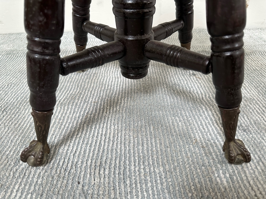 Antique Piano Stool With Glass Ball And Brass Claw Feet 14R X 19H [Photo 4]