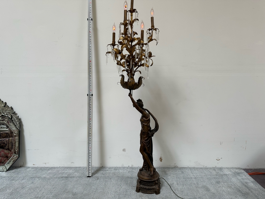 Impressive Vintage Bronze Figural Lady Holding A Chandelier Standing Torchiere Floor Lamp 69'H [Photo 16]