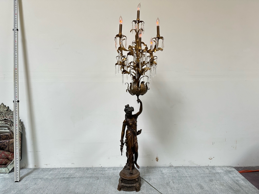 Impressive Vintage Bronze Figural Lady Holding A Chandelier Standing Torchiere Floor Lamp 69'H [Photo 4]