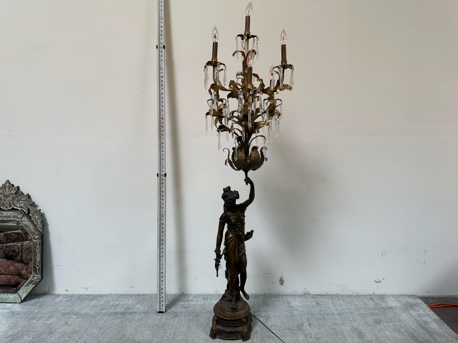 Impressive Vintage Bronze Figural Lady Holding A Chandelier Standing Torchiere Floor Lamp 69'H [Photo 6]